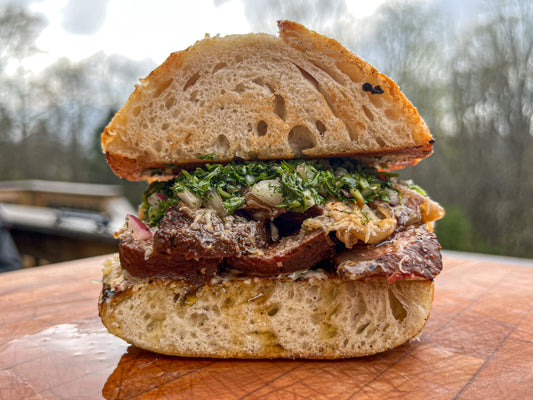 Cheesy Steak Sandwich with Caramelized Onions & Chimichurri