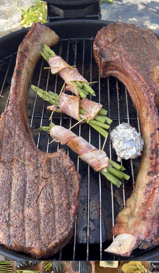 Reverse Seared Tomahawk Steaks with Bacon Wrapped Steak