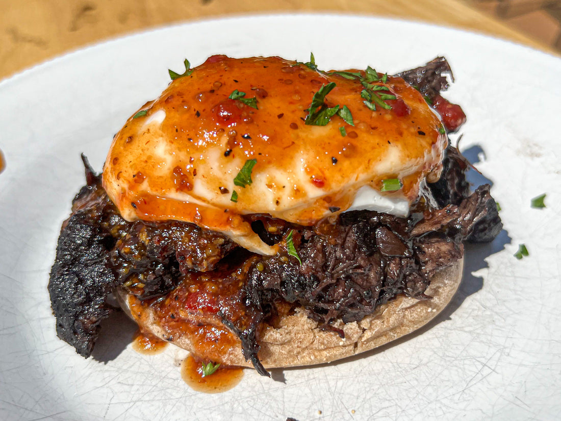 Eggs Benedict with Smoked Beef Cheeks & Texas-Style Barbecue Sauce