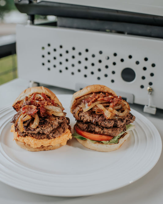 Smash Burgers with Candied Onions, Bacon Bits, and Pimento Cheese