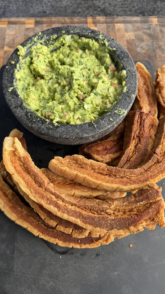 Double-Fried Pork Belly Strips with Guacamole on the LoCo Disco
